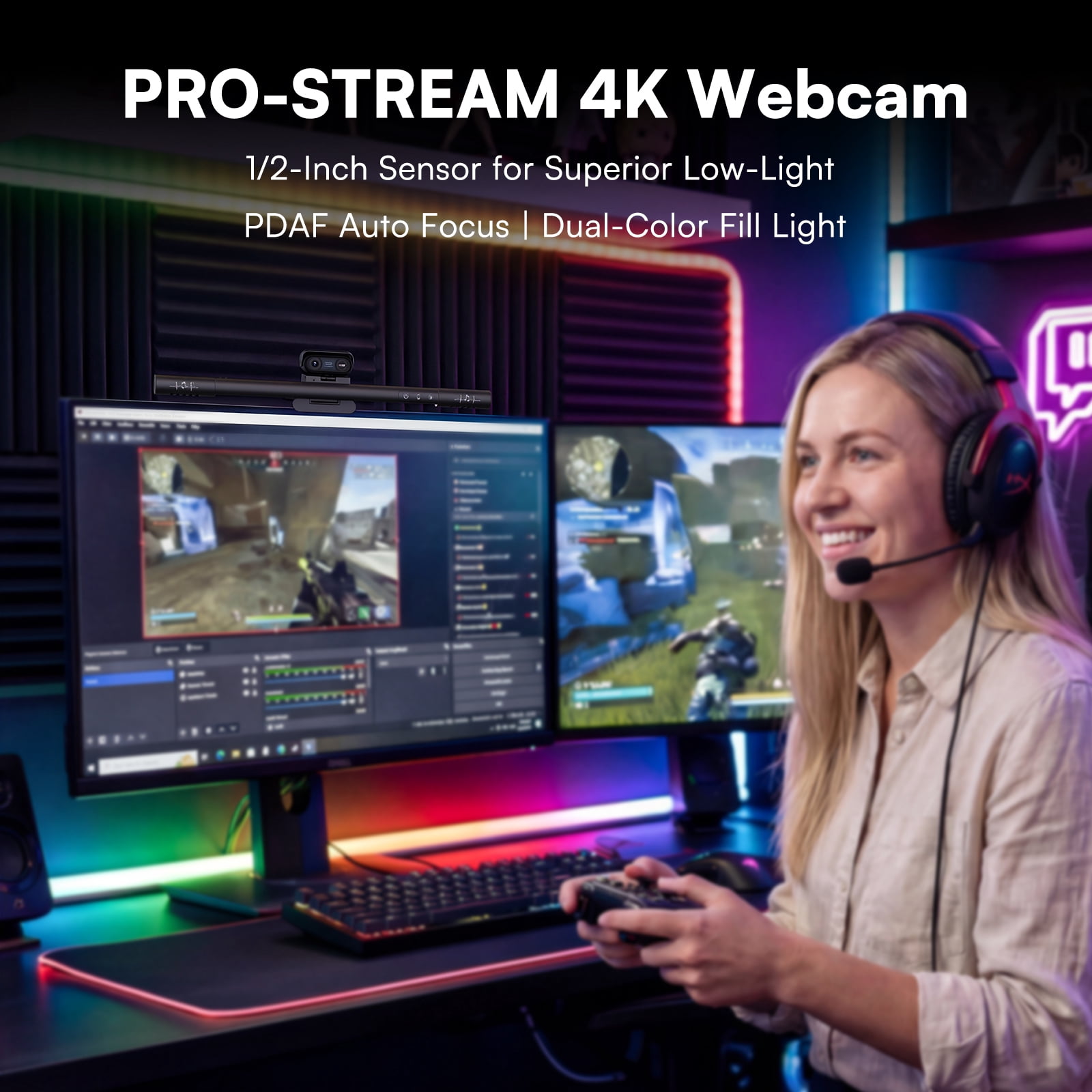 4K Webcam with Microphone & Light, PDAF Auto Focus Streaming Camera, Noise Canceling, Usb Webcam for Zoom, Gaming, Live Streaming