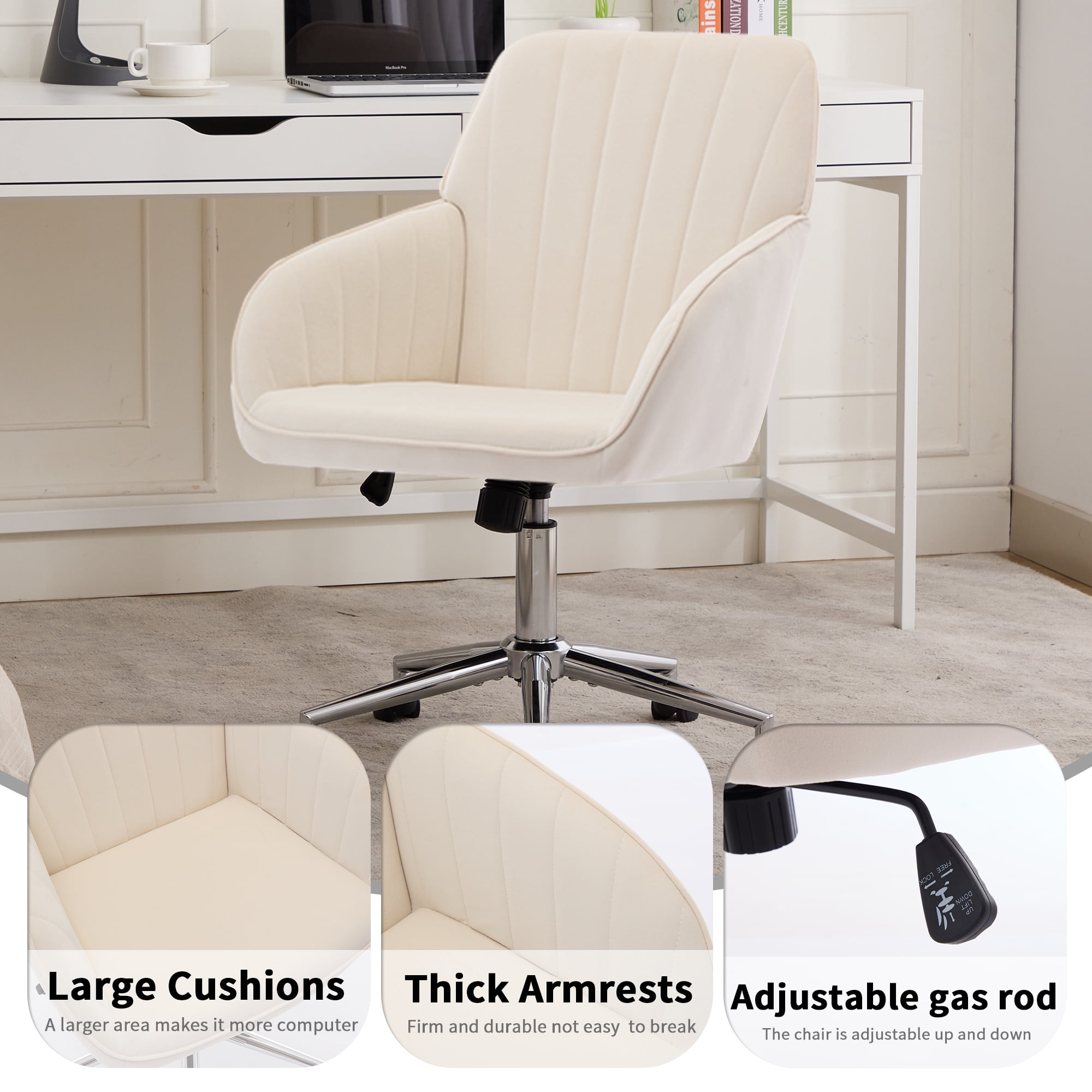 Peispie Velvet Office Chair 300lbs, Mid Back Vanity Chair, Modern Swivel Desk Chair with Silver Base, Upholstered Computer Task Chair for Bedroom, Beige