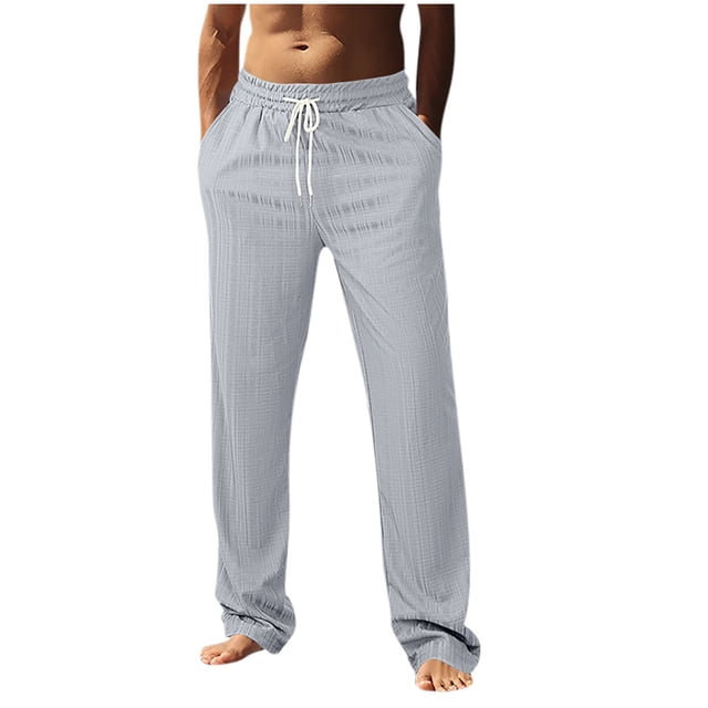 Gray Beach Lounge Pants for Mens Summer Fall Loose Fit Thin Hawaiian Ruched Paperbag Tropical Straight Leg Elastic Waist Basic Long Leg Pants Mens 2025 3XL
