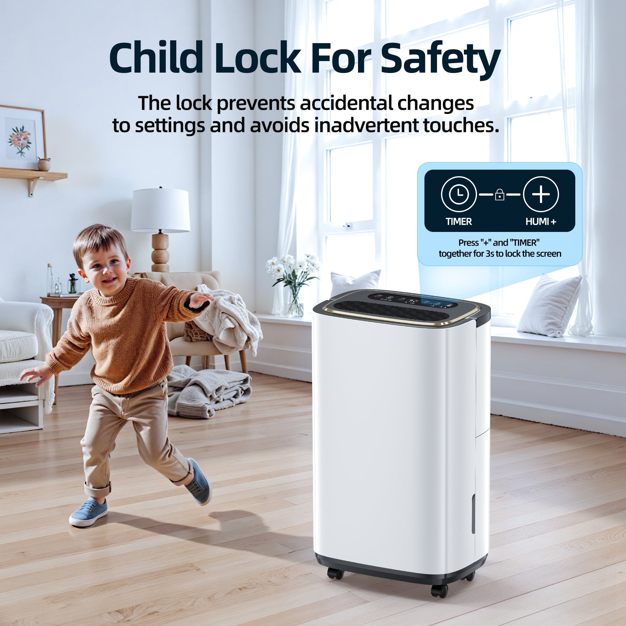 50 pt. 4500 sq. ft. Portable Dehumidifier in White, with Bucket, Drain Hose, Continuous Run, 24H Timer, Child Lock, 40dB