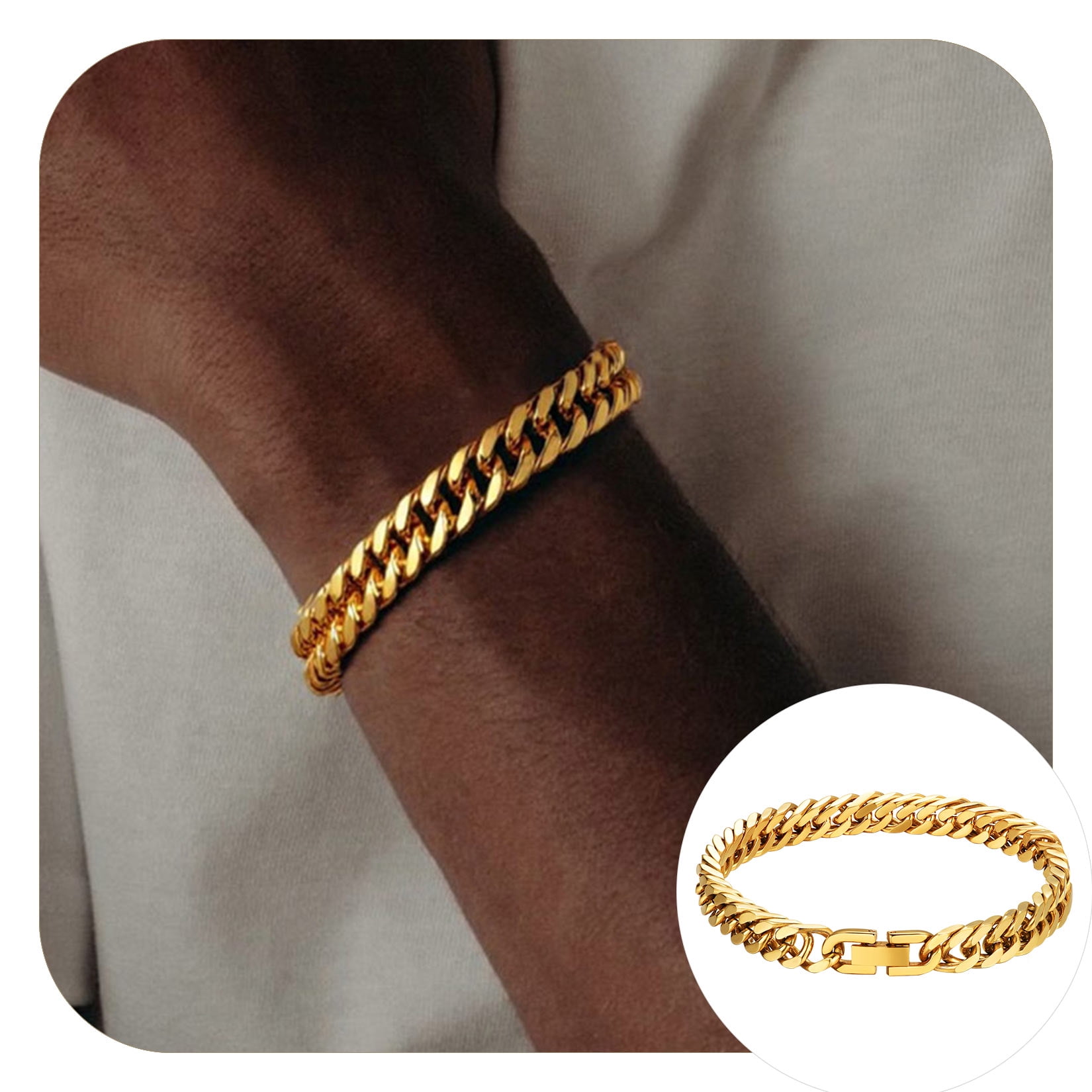 ChainsProMax Men Chain Link Bracelet 8mm Width 19cm 316L Stainless Steel 18K Gold Plated Fathers Day Bracelet Gift for Dad Father Son