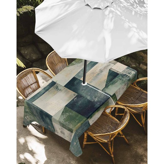 Outdoor Tablecloth with Umbrella Hole, Ombre Blue Green Geometric Zippered Table Cloth for Rectangle Tables, Abstract Mottled Texture Washable Waterproof Tablecloths for Picnic Patio Garden