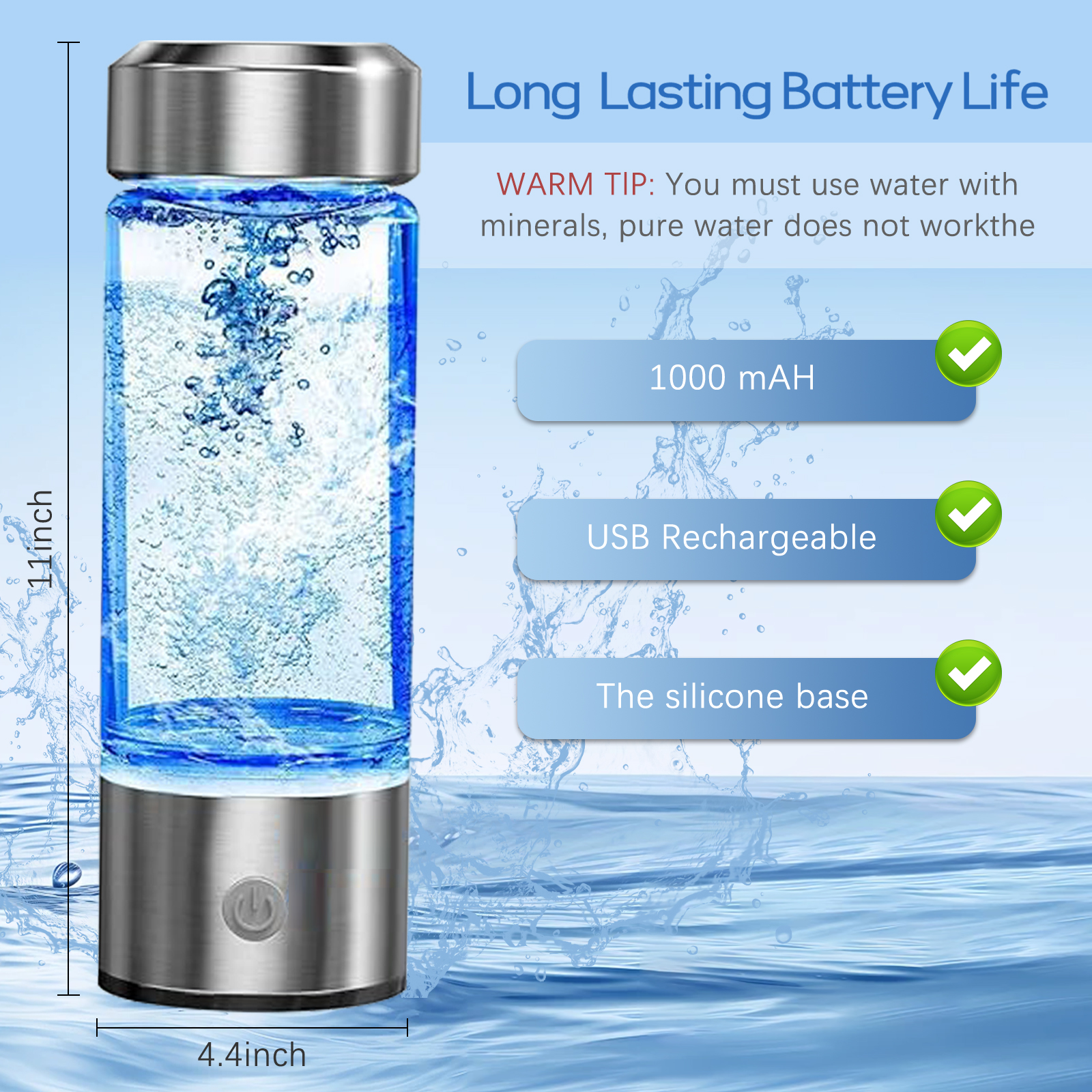 Hydrogen Water Bottle, Portable Rechargeable Hydrogen Water Bottle Generator, Hydrogen Water Bottle Generator with PEM SPE Technology Rich Water Glass Cup for Home Travel