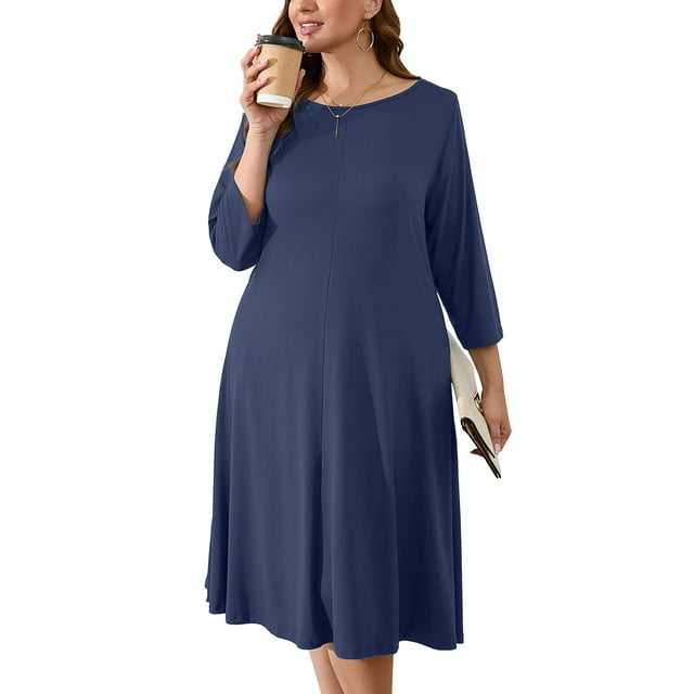 SHOWMALL Robes Midi Grande Taille pour Femmes Bleu Marine 1X Robe Chemise Manches 3/4 Robe Décontractée Col Bateau Robe Fluide avec Poches