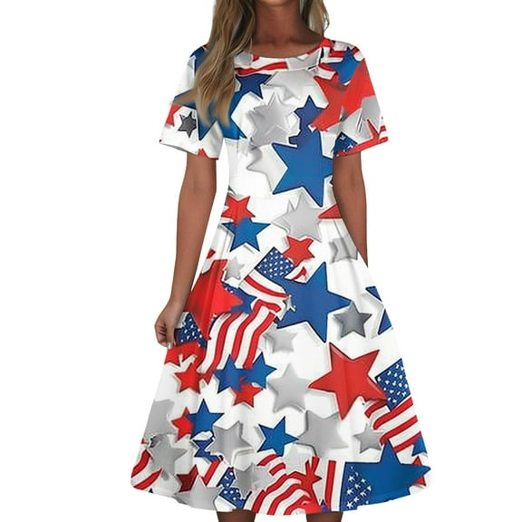 Women's Vintage Stars & Stripes Midi Dress, Short Sleeve A-Line Summer Casual Outfit with Zipper for 4th of July Independence Day,Beige L