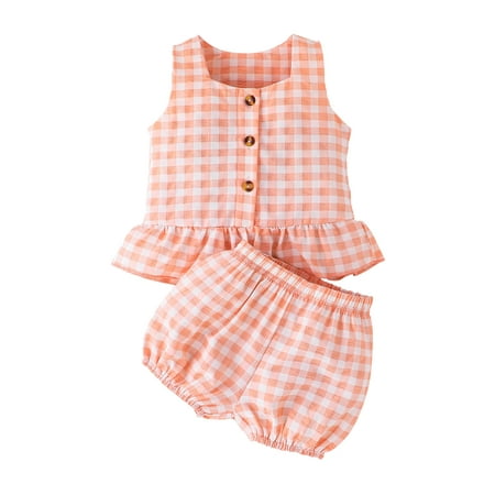 

Genuiskids Newborn Baby Girl 2Pcs Summer Outfits Plaid Pattern Sleeveless Single-Breasted Ruffles Tank Tops + Elastic Waist Short Pants