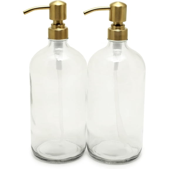 Vivaplex, 2, Large, 32 oz, Empty, Clear Glass Bottles with Stainless Steel, Yellow Gold, Lotion Pumps