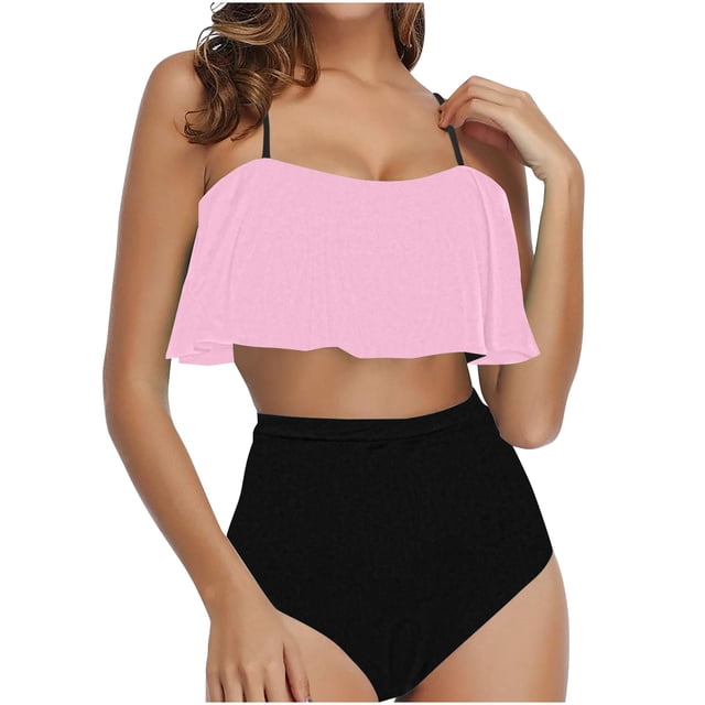Women's Two Piece Bikini Set with Ruffles and Shorts, Adjustable Tank Top with Removable Padding, High Waisted Swimsuit for Beach and Pool