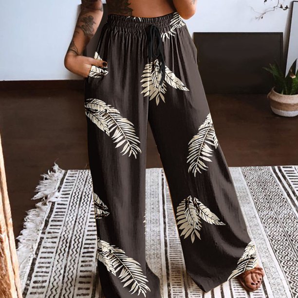 WILLBEST Pantalones Casuales de Cintura Alta para Mujer, con Cordón, Estampado de Plumas y Flores, Pantalones Largos Bohemios con Bolsillos para La Playa, para Un Estilo Sin Esfuerzo. Grande