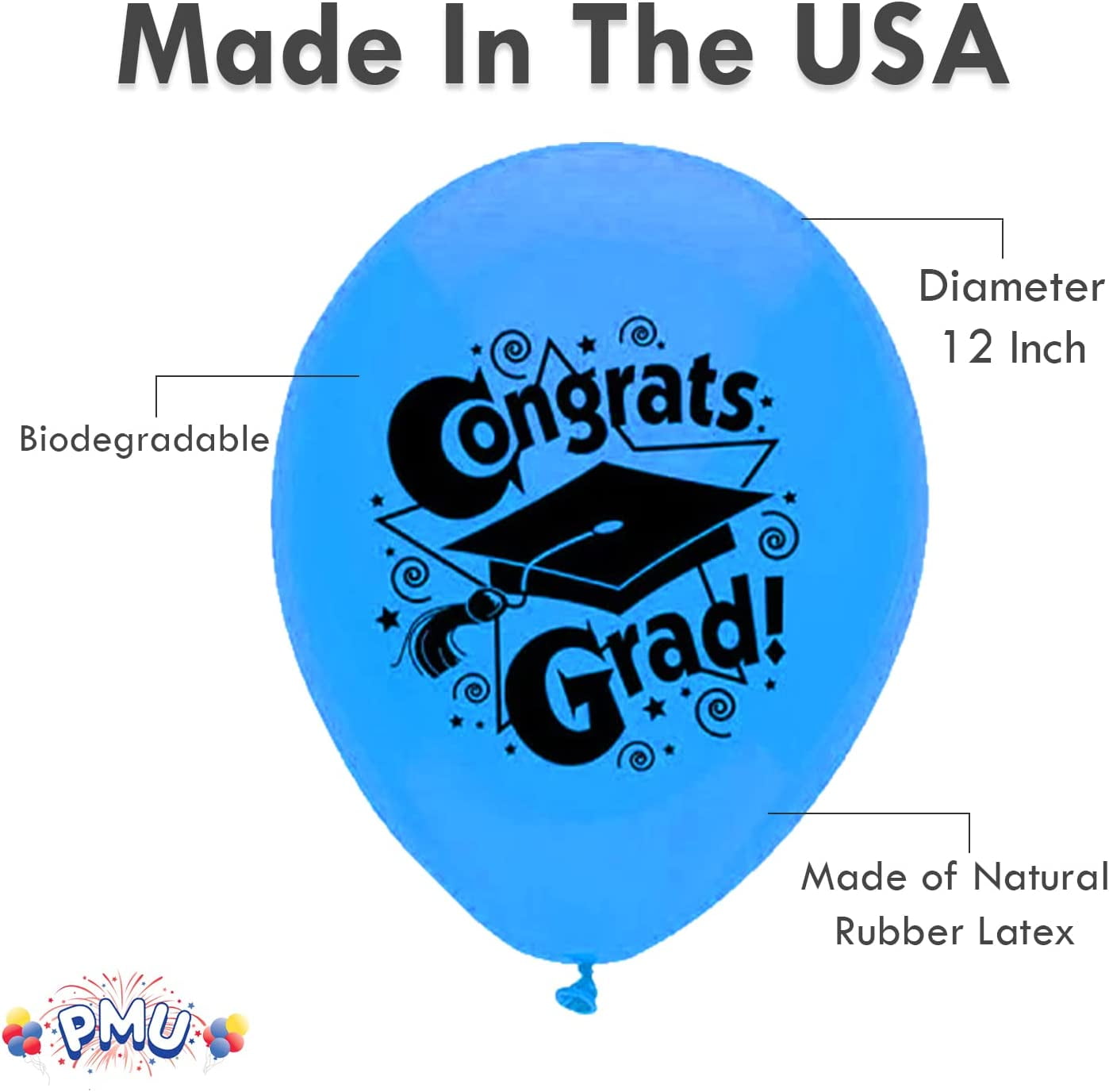 PMU 50 Pcs Graduation Balloons PartyTex 11 inch Premium Blue with All-Over Print White Grad Caps-Confetti and Streamers Graduation Party Decorations