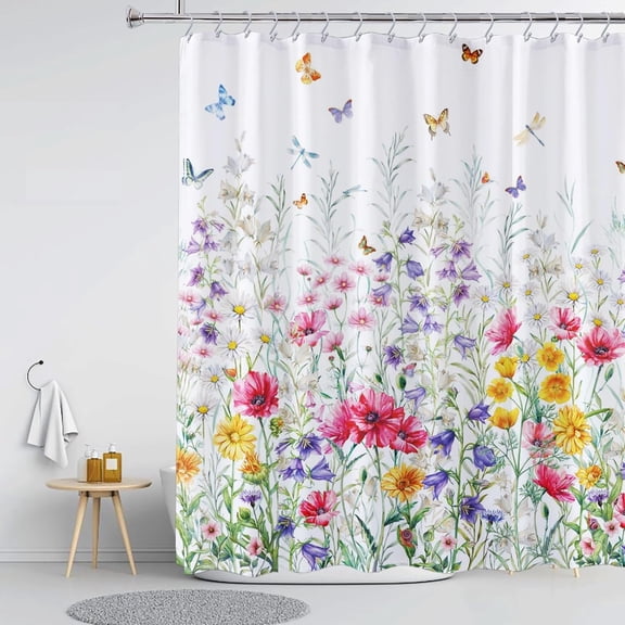 Abstract Boho Floral Botanical Shower Curtain,Spring Flowers Shower Curtains, Polyester Fabric Waterproof Bathroom Shower Curtains for Bathroom Decor 72 x 72 Inch