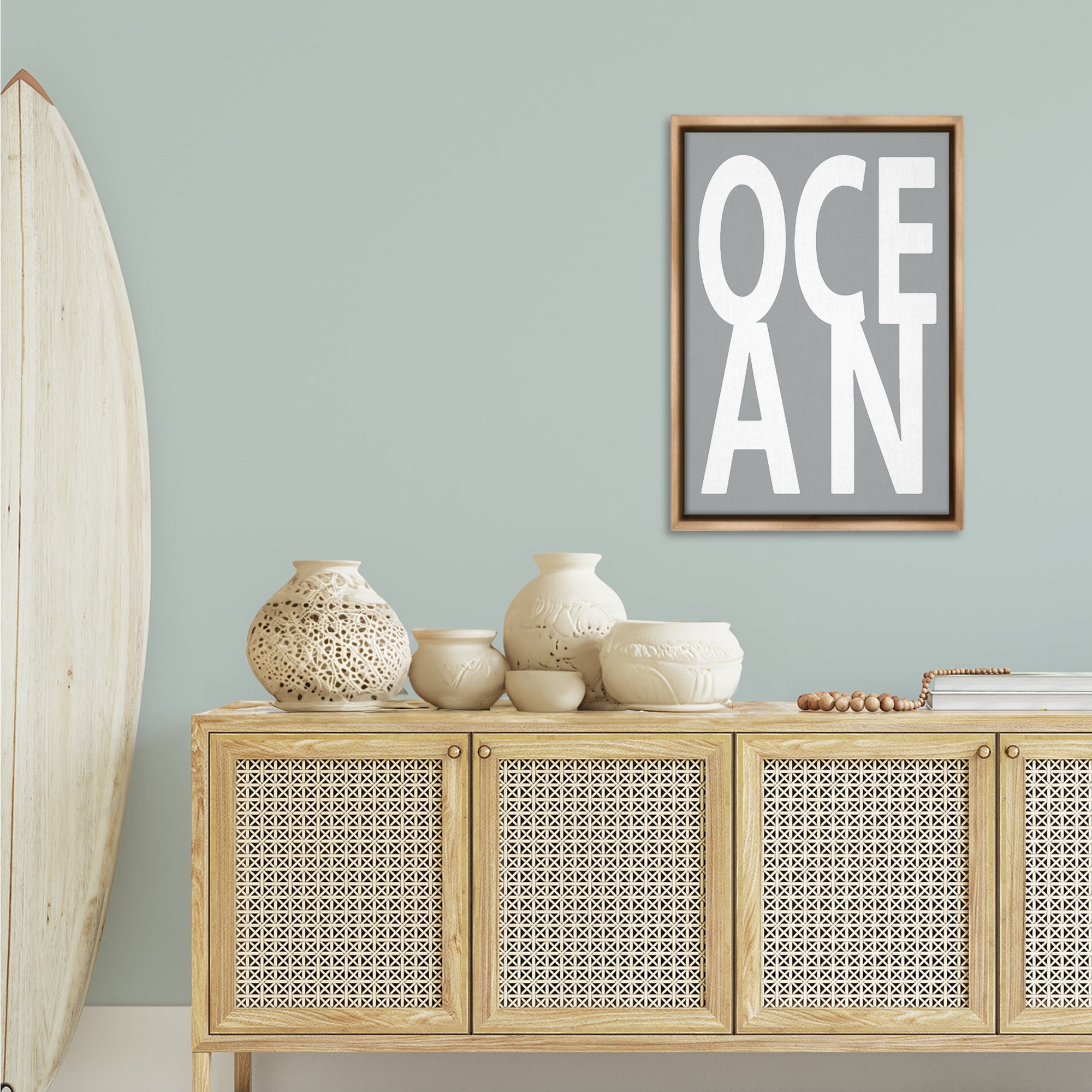 Stupell Industries Ocean Word on Grey Typography Painting Brown Floater Framed Art Print Wall Art, 21 x 31