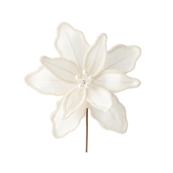 White Velvet Christmas Flower, Pearl Accented Floral Stem for Elegant Tree Decoration & Korean Style Holiday Decor