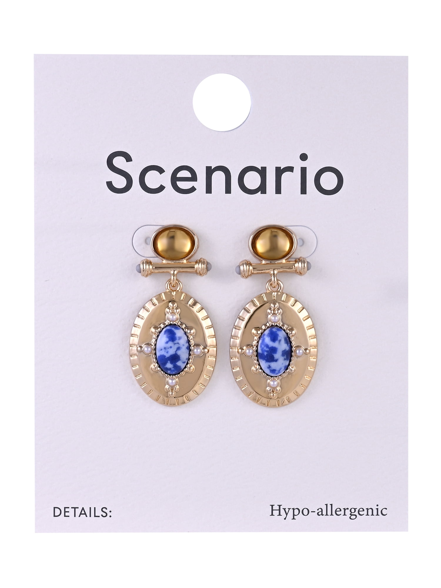Scenario Women's Gold-Tone Bar Drop Earrings with Oval and Faux Sodalite Stones