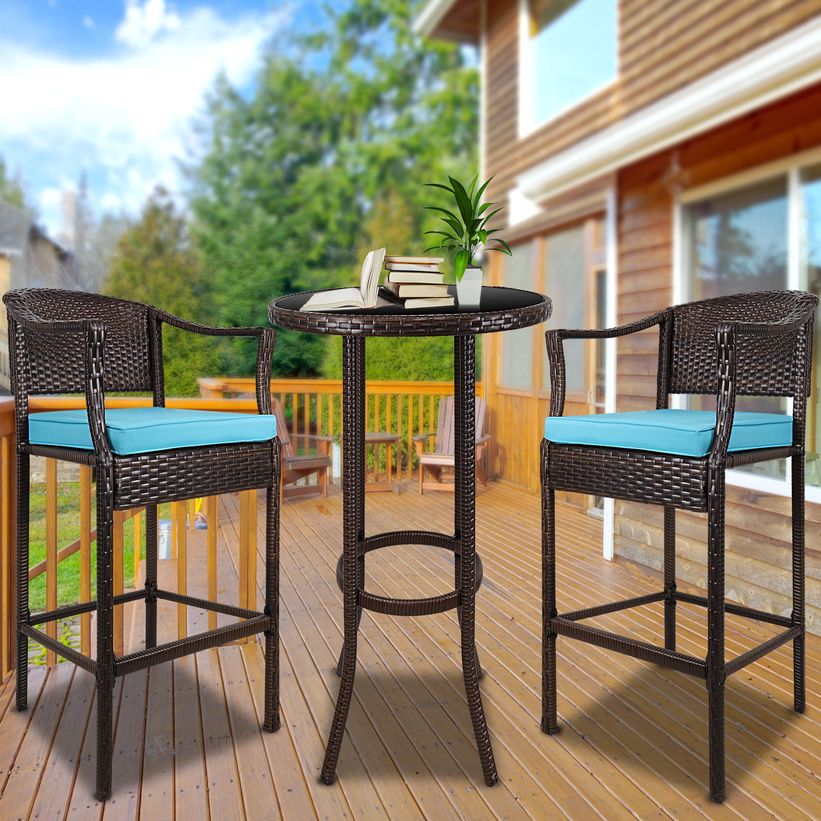 A Tavern Set with Cushions and a Round Tempered Glass top Table a 3-Piece Set of Outdoor Terrace Wicker Rattan Furniture Suitable for Patio Conversation Sets for porches backyards and Gardens 