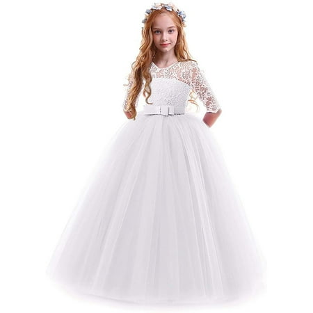 

kpoplk Toddler Dress Performance Tutu Dress Girls Formal Princess Girl Flower Lace Wedding Clothes Child Bowknot Baby Dresses(White)