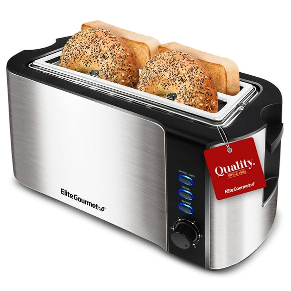 Elite Gourmet ECT-3100# Long Slot 4 Slice Toaster, Reheat, 6 Toast Settings, Defrost, Cancel Functions, Built-in Warming Rack, Extra Wide Slots for Bagels Waffles, Stainless Steel & Black