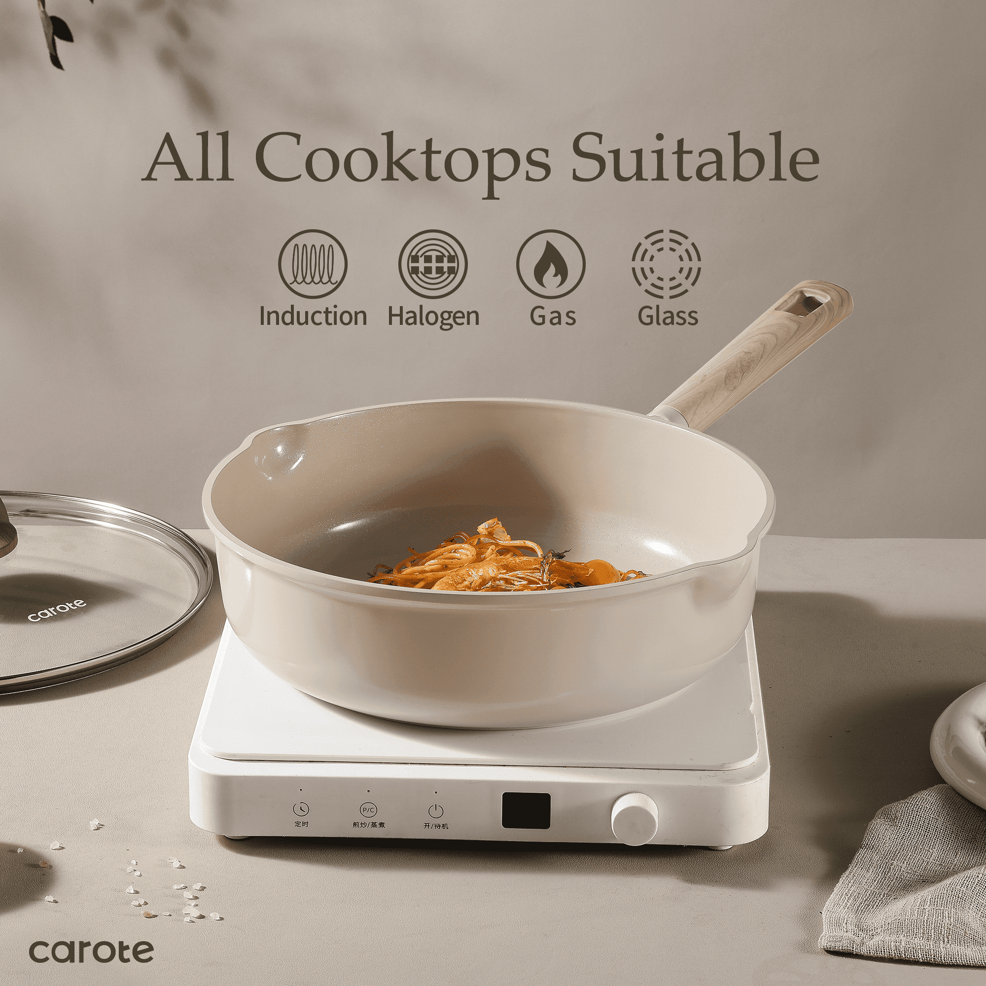 Carote Ceramic Nonstick Pots and Pans Set, 13 Pieces Non-Toxic Kitchen Cookware Sets Compatible for All Stoves, Taupe
