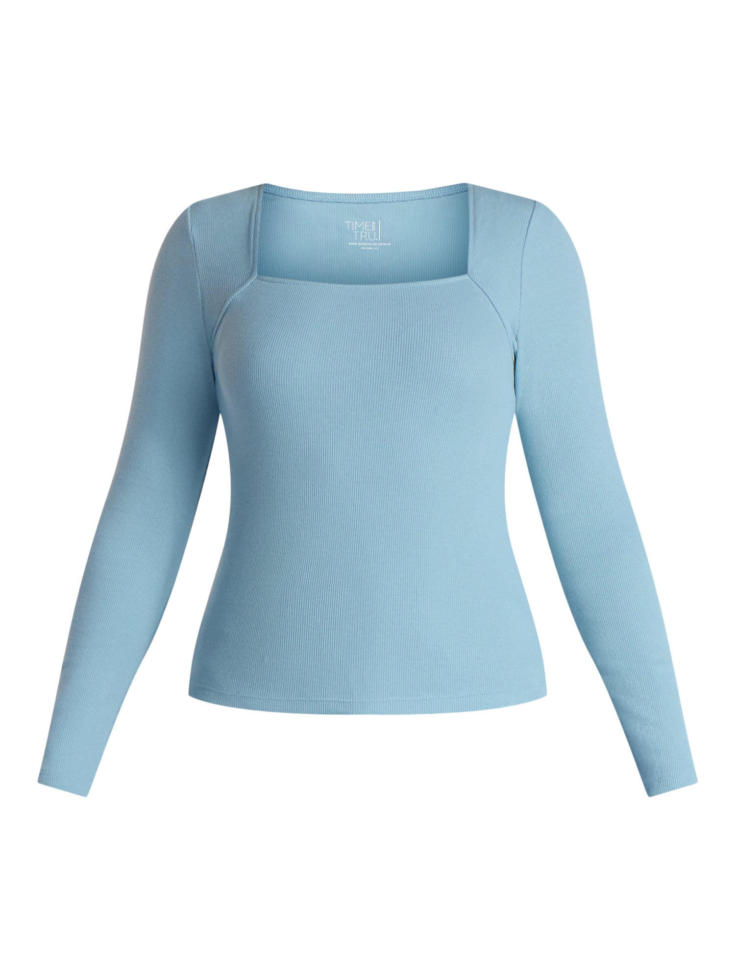 Time and Tru Women's Ribbed Square Neck Top with Long Sleeves, Size XS-XXXL