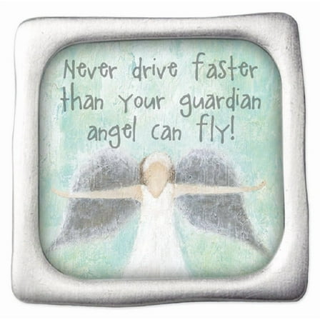 H. J. Sherman Never Drive Faster Than Guardian Angel Full Color Silver Frame Auto Visor Clip