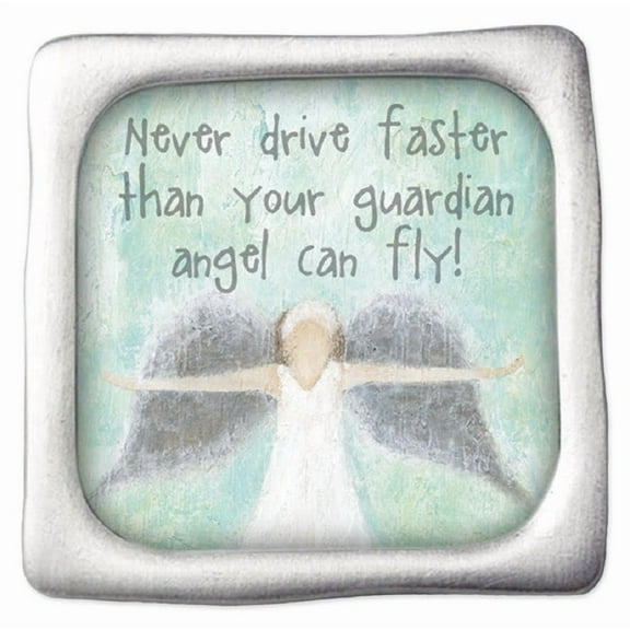 H. J. Sherman Never Drive Faster Than Guardian Angel Full Color Silver Frame Auto Visor Clip