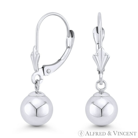 5mm, 6mm, 7mm, 8mm Polished Hollow Ball Leverback Drop Earrings in 14k White Gold