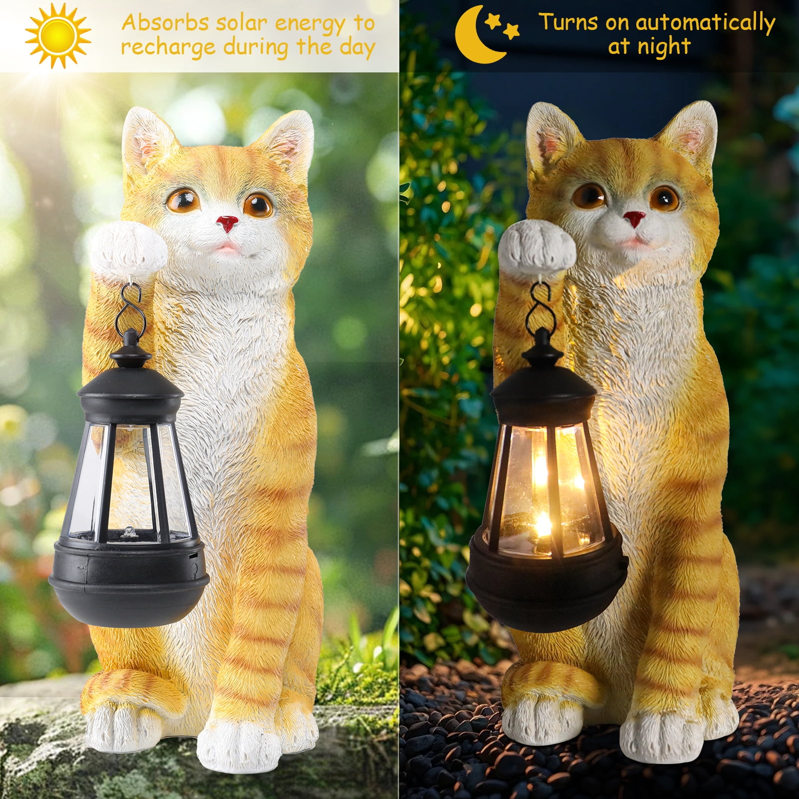 Cat Statue Garden Decor with LED Lantern for Outside -Resin patio Art Gift for lover,Cat Statues for Garden,Patio,Yard Decoration