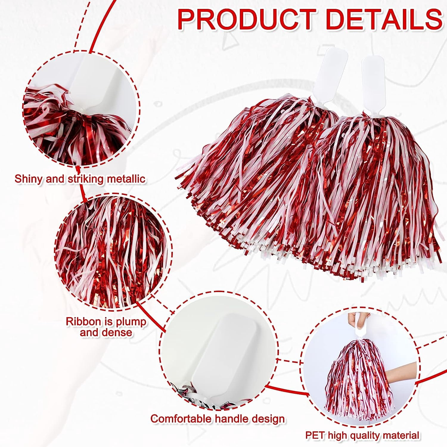 LINLIN 12Pcs Handheld Cheerleading Pom Poms, Metallic Foil Cheerleader Pompoms Hand Flowers for Team Spirit Sports Games Dance Party Durable & Lightweight