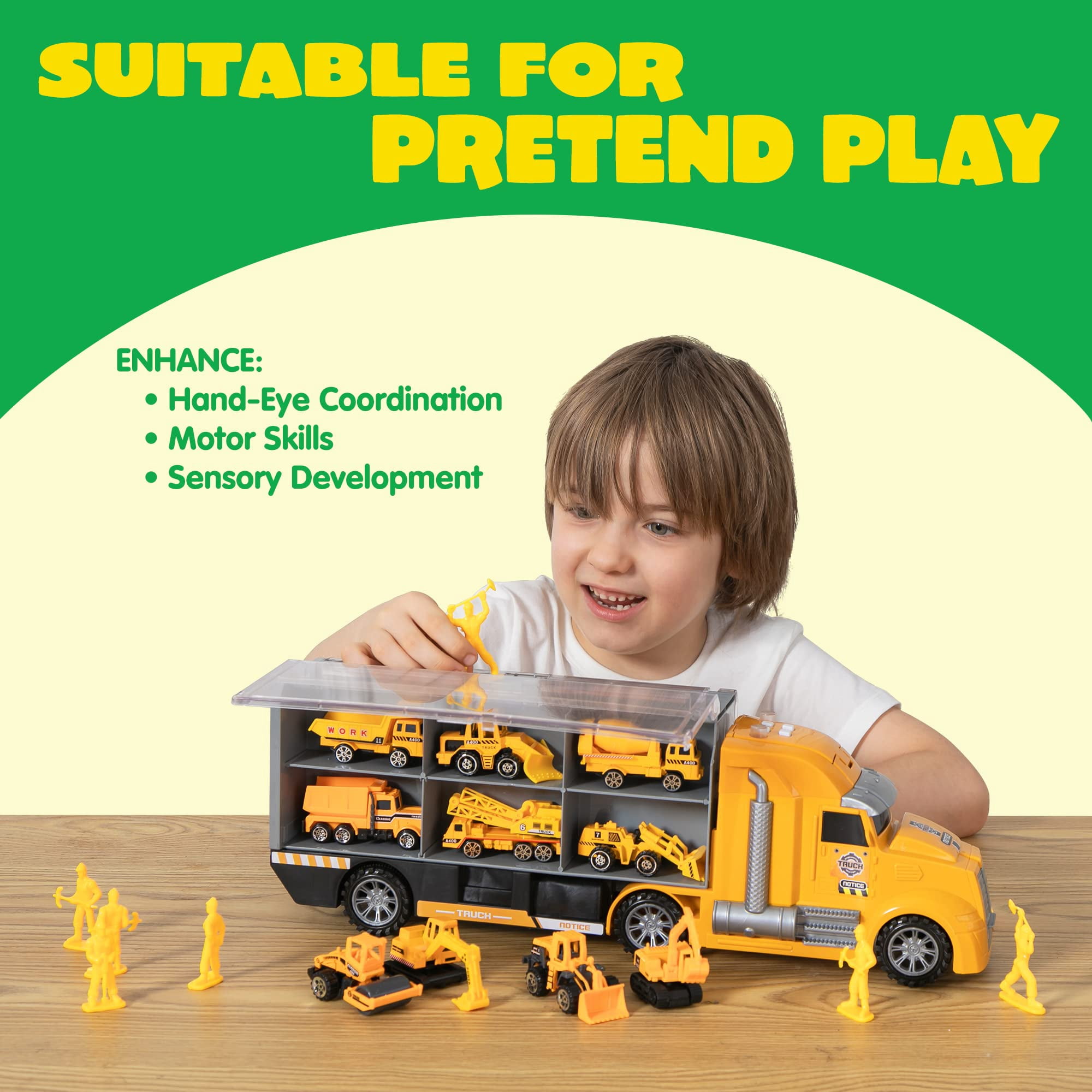 Joyfy 25 in 1 Die-cast Construction Big Truck Toys,Car Transporter Storage Truck with Sounds and Lights, Great Christmas Birthday Gifts for Toddlers Kids Boys & Girls