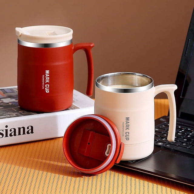 Taza de acero inoxidable 304, taza de café portátil, taza térmica, taza de desayuno roja para el hogar con tapa de cuchara, taza de agua para la oficina