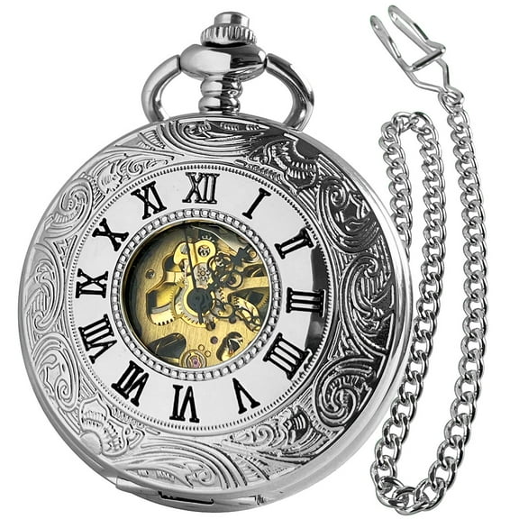 VIGOROSO Mechanical Pocket Watch for Men Women Vintage Silver Steel Roman Numerals Skeleton Pocket Watches with Box Chain Gift for Son Dad Him