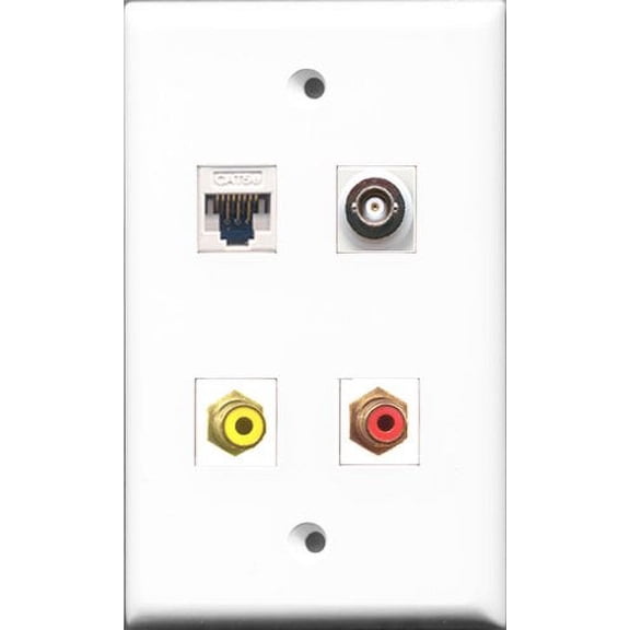 RiteAV - 1 Port RCA Red and 1 Port RCA Yellow and 1 Port BNC and 1 Port Cat5e Ethernet White Wall Plate