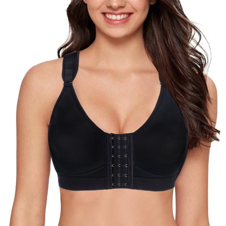 

Junlan Front Closure Zip Sports Bras for Women Post Surgical Bra Hooks Racerback Support Wirefree Adjustable Straps(Black S)