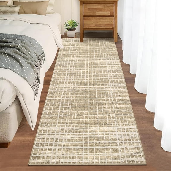 2x6 Washable Checkered Runner Rug, Low Pile Indoor Carpet with Non-Slip TPR Backing, Non-Shedding Foldable Hallway Runner for Kitchen, Laundry Room, Entryway, Office,Camel tone