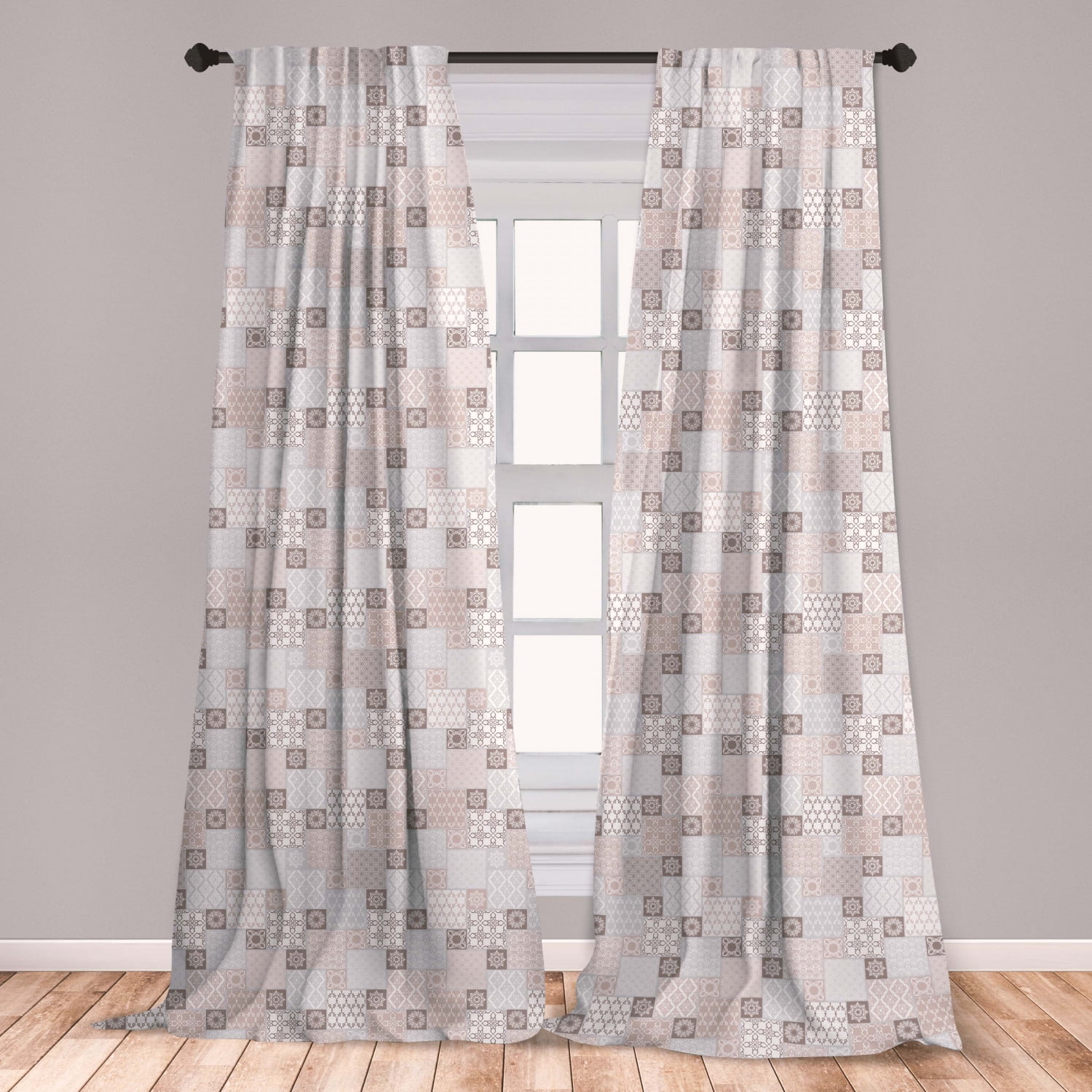 Asian Curtains 2 Panels Set, Oriental Checkered Pattern Grid Style
