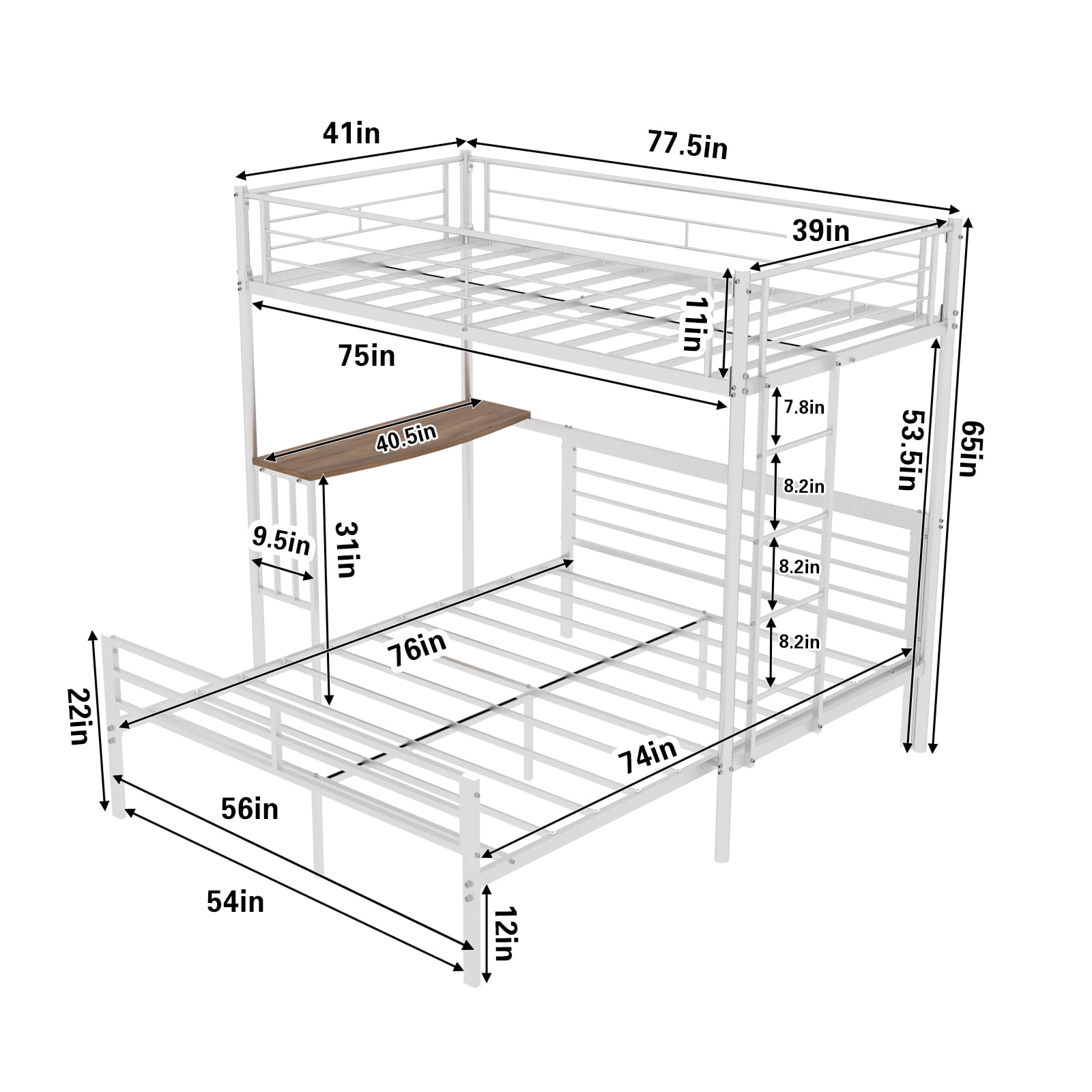 Alvantor Twin over Full Bunk Bed with Desk, Metal Bunk Bed Frame for Kids/Teens, No Box Spring Needed White