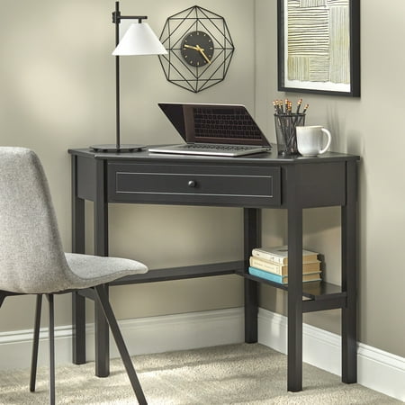 Corner Writing Desk with Pull-out Drawer and Shelf, Black