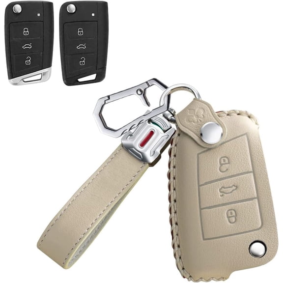 Leather Key Fob Cover for VW Tiguan 2019 Golf GTI Polo Skoda Octavia for Audi A1 Sportback 2021 Key Keyless Full Protection 3 Button Key Case with Keychain