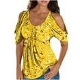 thumbnail image 2 of Wycnly Womens Blouses and Tops Dressy Going out Fashion Cold Shoulder Elastic Waist Swing Plus Size Tunic Shirts Summer Floral Print V-Neck Short Sleeve Cute Tees Tops Yellow l, 2 of 5