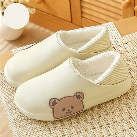 

PIKADINGNIS Winter Warm Waterproof Men Slippers Cartoon Bear Furry Non-Slip Sole Plush Home Cotton Shoes Indoor Outdoor Thick Heel Slides