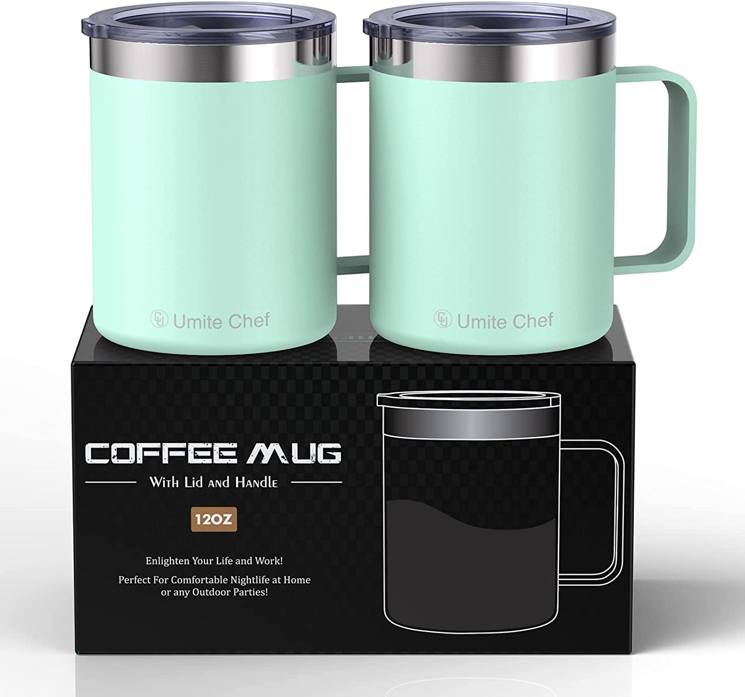 Beer MEWAY 12oz/4Pack Coffee Mug With Lid Insulated Stainless Steel Reusable Coffee Cup Black,4 Pack Double Wall Durable Coffee Mug Home Office Powder Coate，For Coffee 