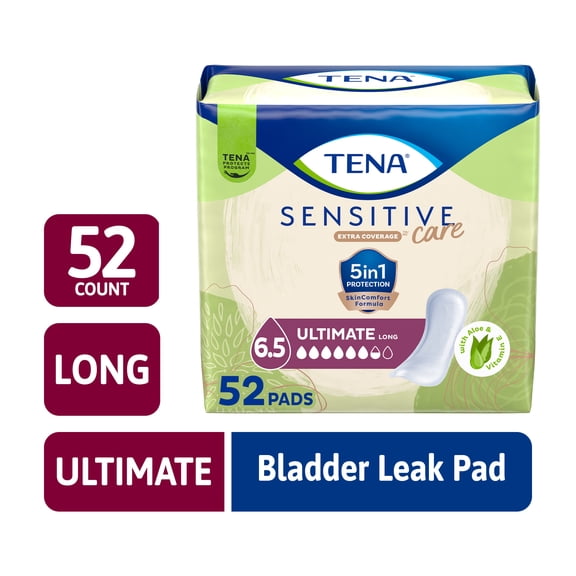 TENA Sensitive Care Extra Coverage Ultimate Incontinence Long Pads, Postpartum, 52ct