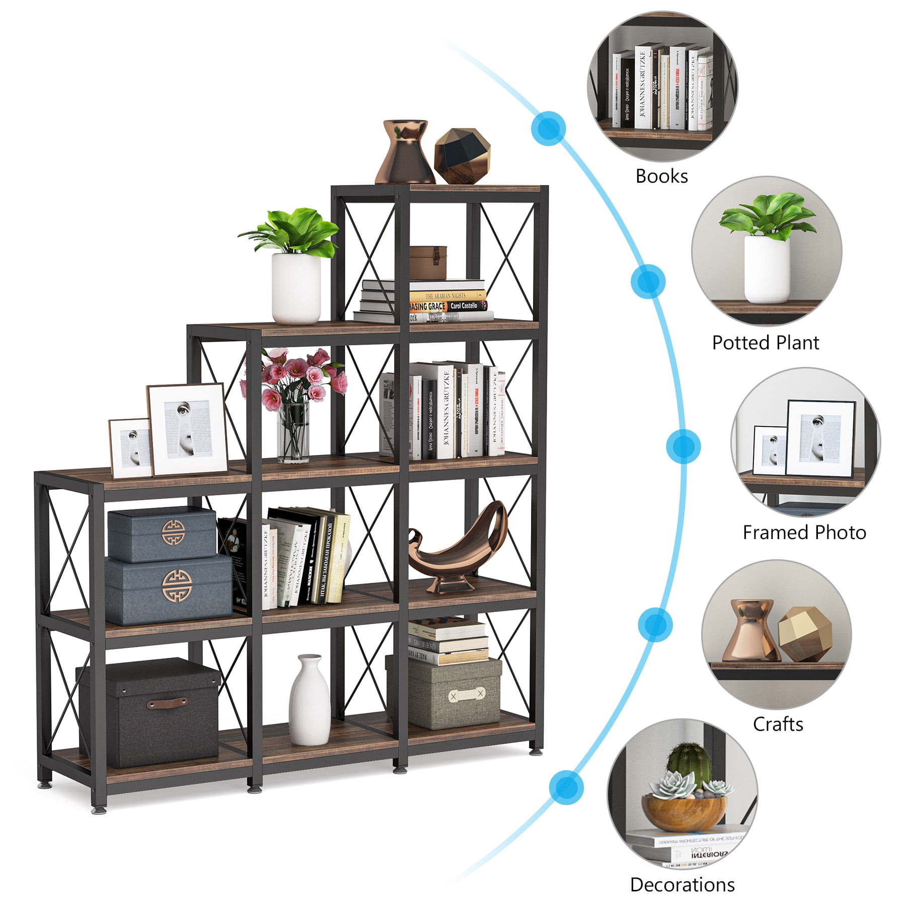 Tribesigns Industrial 5-Tier Ladder Bookshelf - 12-Shelf Rustic Brown Bookcase with 9 Cubes, Corner Display Storage for Home/Office