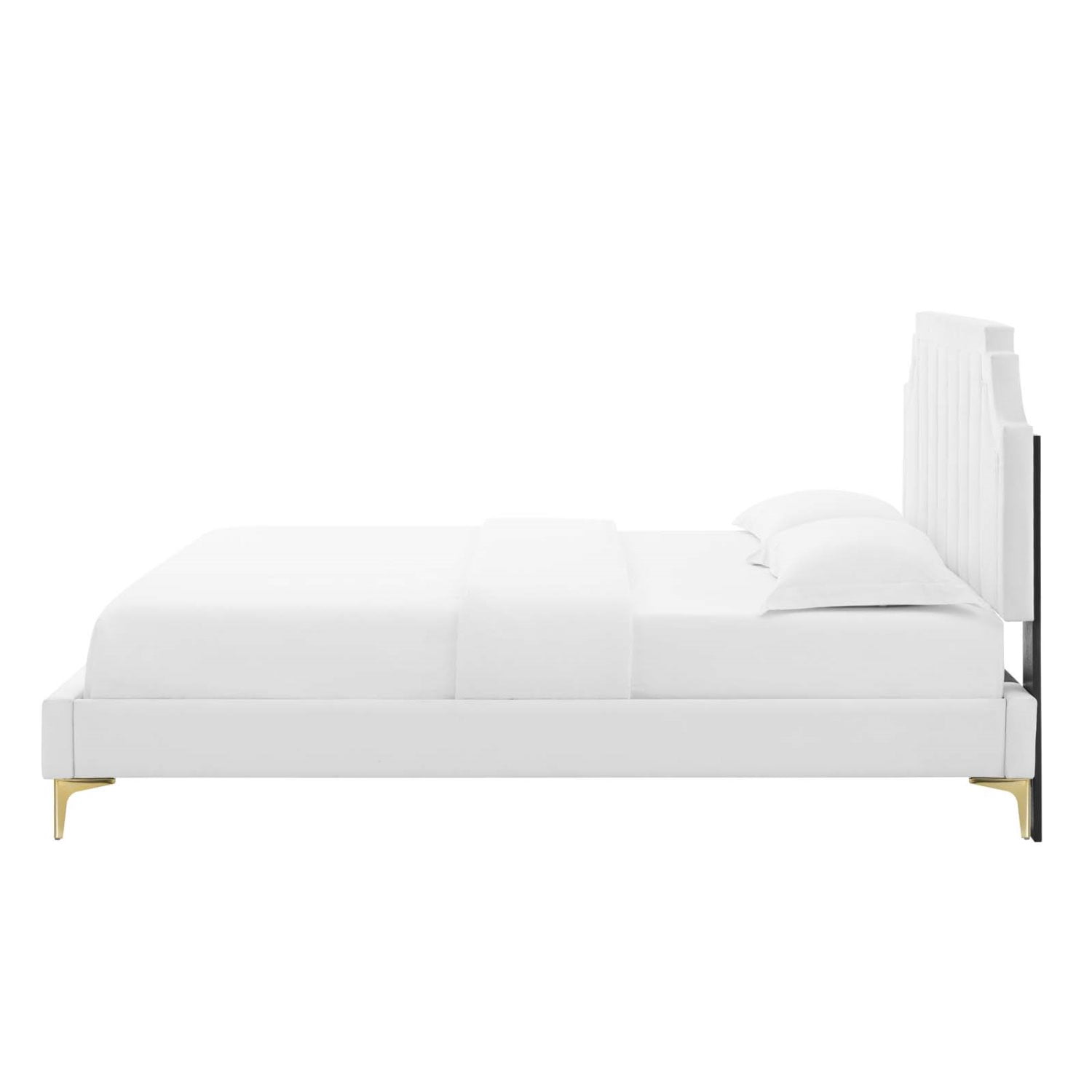 Platform Bed Frame, Tufted, King Size, White, Velvet, Bedroom, Modern Contemporary Boutique HB35506
