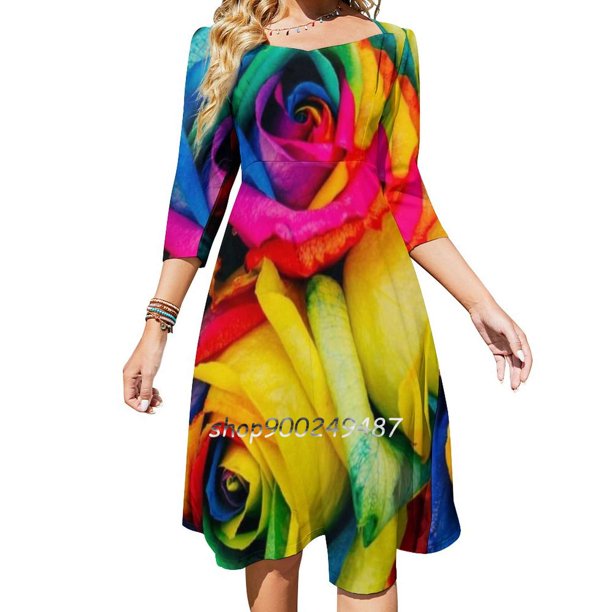 Vestido con escote cuadrado y estampado de rosas atrevidas, bonito y holgado, elegante, para fiesta en la playa, llamativo y brillante