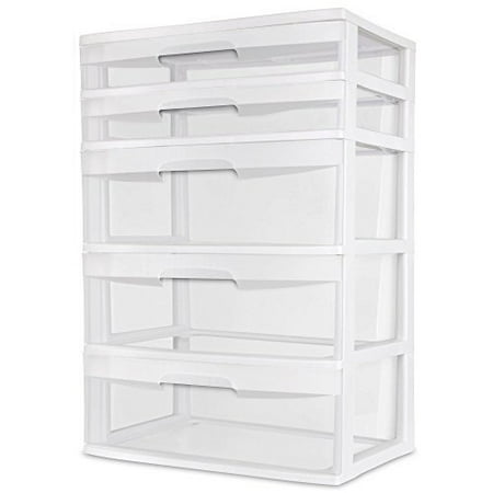 Sterilite 5 Drawer Wide Tower White Storage Organizer Cabinet Furniture Pack New Dorm Organization Garage Bedroom Room Clear Drawers Heavy-duty Plastic Storage Drawers Transparent