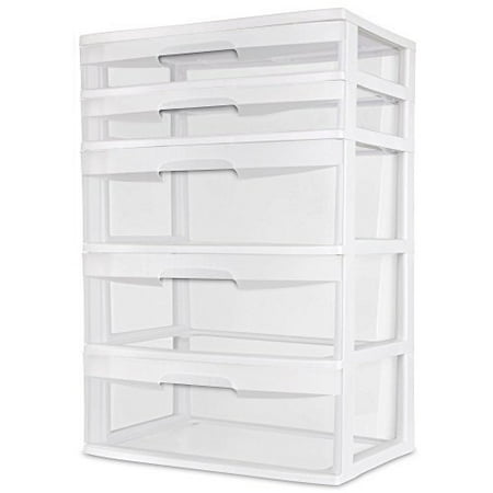 Sterilite 5 Drawer Wide Tower White Storage Organizer Cabinet Furniture Pack New Dorm Organization Garage Bedroom Room Clear Drawers Heavy-duty Plastic Storage Drawers