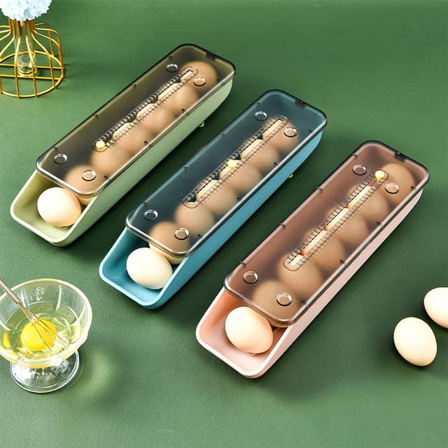 Egg Storage Box Auto Scrolling Egg Holder Stackable Egg Container Organizer with Lid Household Space Saving Egg Tray for Home Refrigerator Kitchen Cupboard