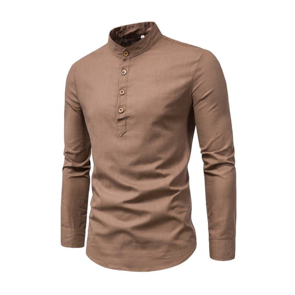 Men'S Long Sleeve Linen Henley Shirt Quick-Drying Stylish Casual Shirt Brown M