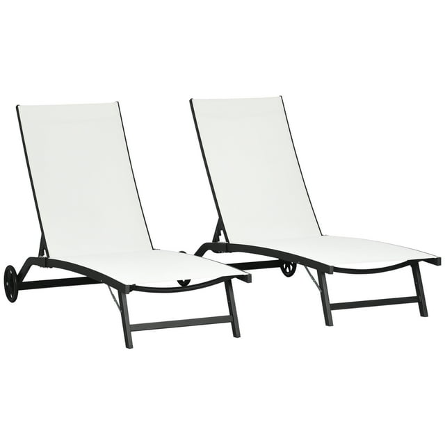 Outsunny Ensemble de 2 Chaises Longues d'Extérieur, Chaise de Bronzage à Roulettes, Blanc Crème